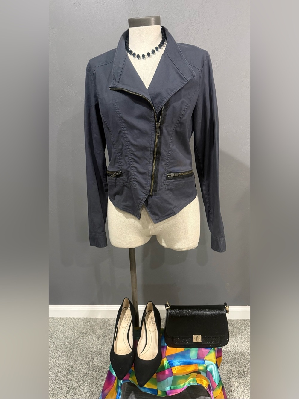 CAbi Navy Asymmetric Zip Utility Jacket